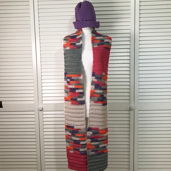 Handmade Accessories - NWT Handmade Crocheted Purple Multicolor Textured Beanie Scarf 84”